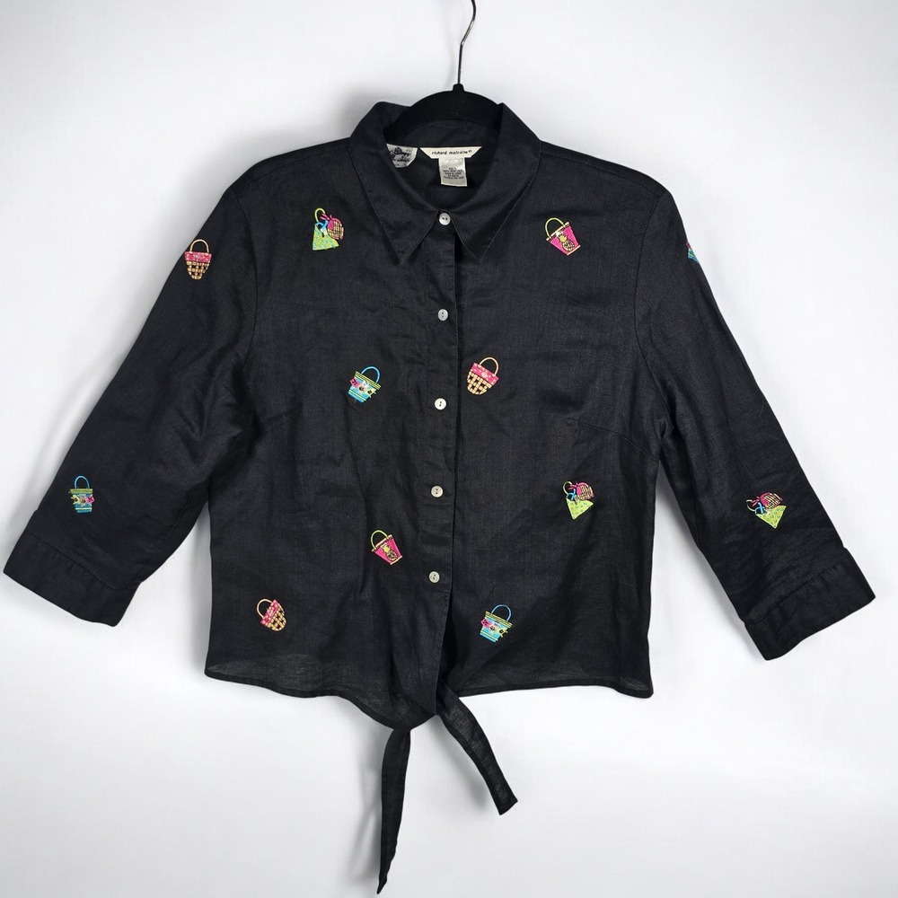Richard Malcolm Black 100% Irish Linen Shirt with Embroidered Baskets Woman LRG